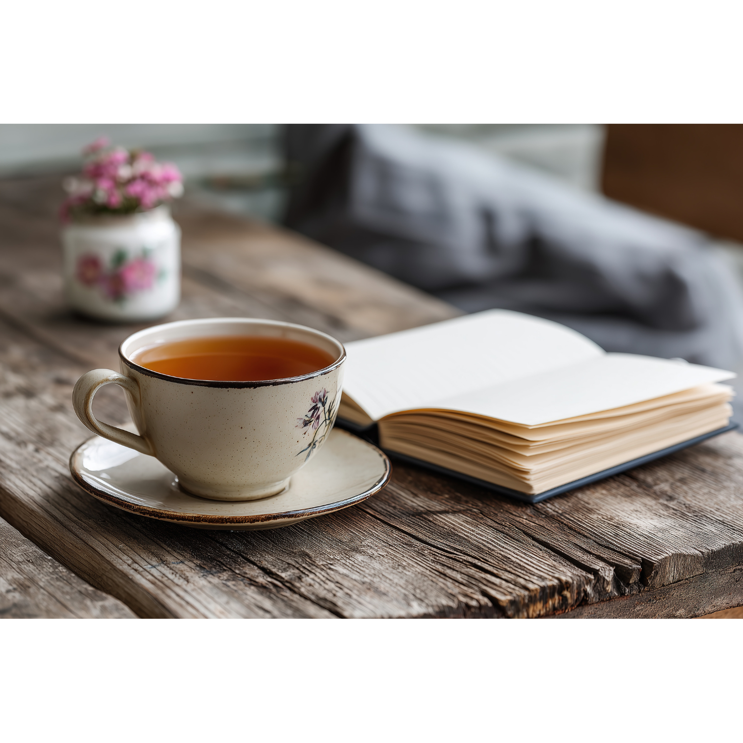 Eine Tasse Tee und ein aufgeschlagenes Buch – bewusste Pause im Schulalltag